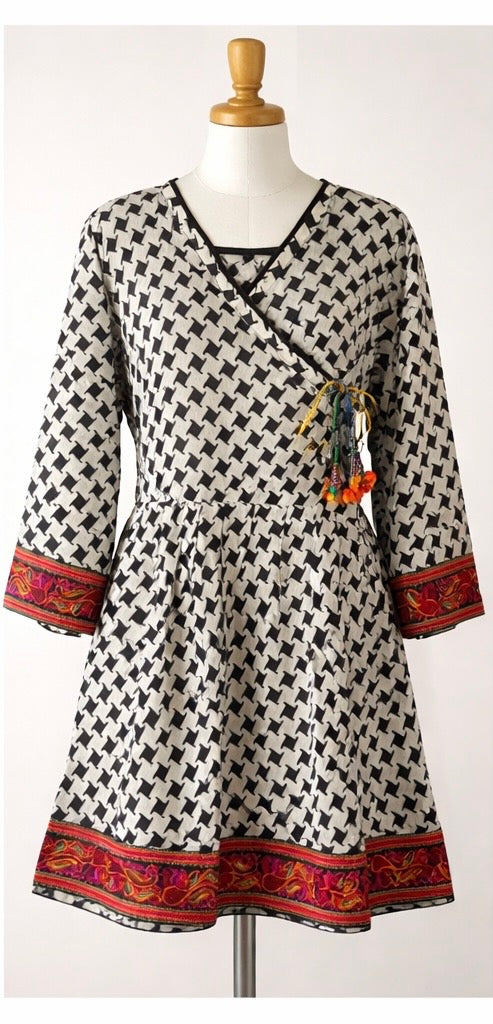 Black and white flare frock style long embroidery sleeved khadar kurta dress