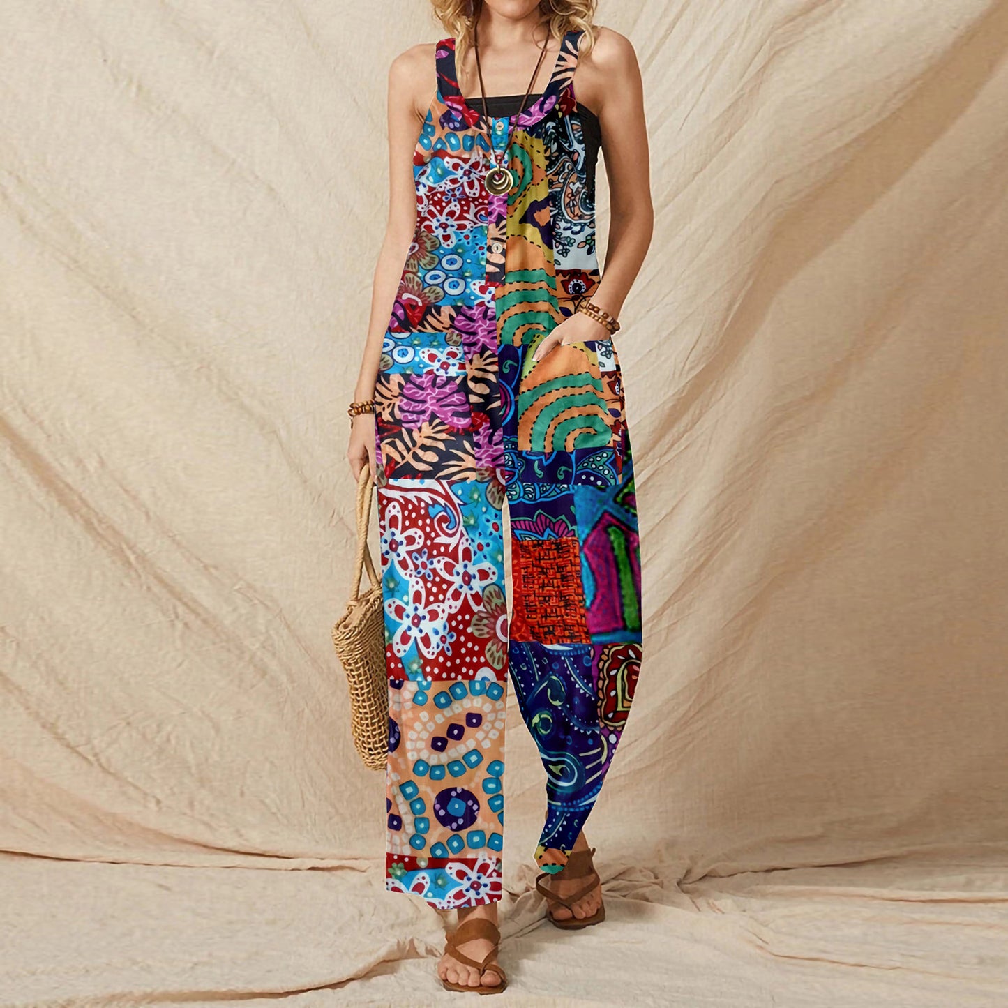 Women's Loose Vintage Print Pocket One Piece Wide Leg Casual Pants