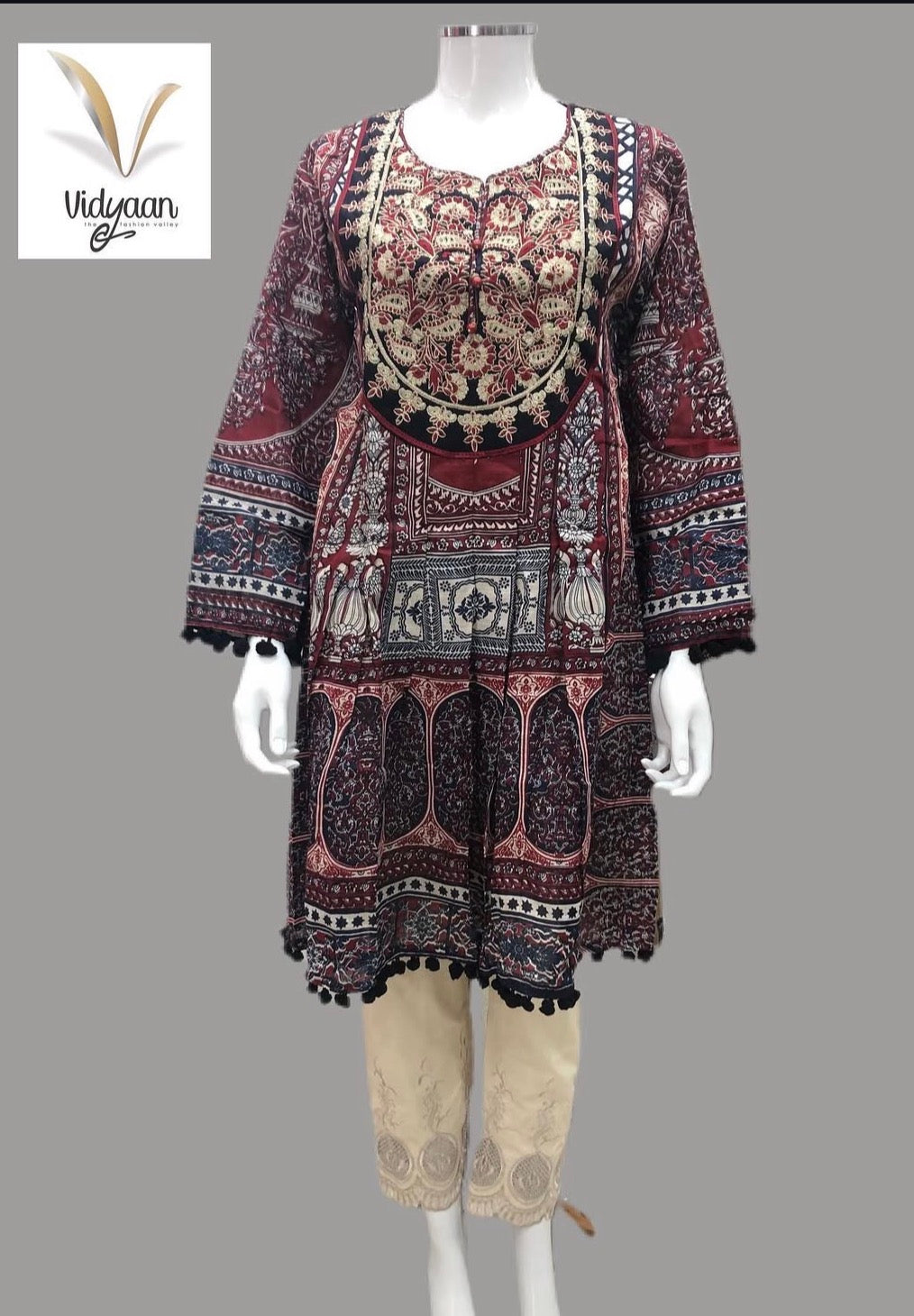 Floral Khadar kurta frock/dress style embroidered neckline