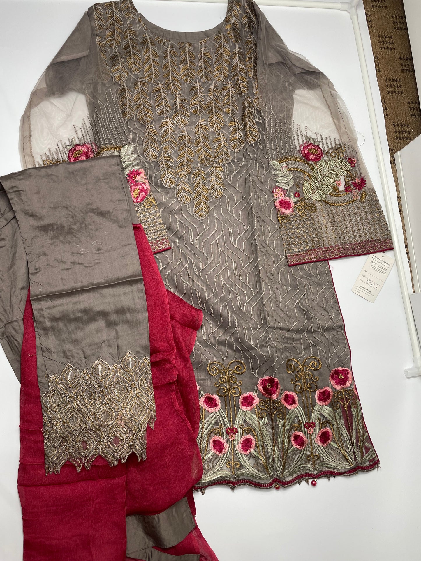 3 pcs chiffon suit with embrodiery net long sleeves