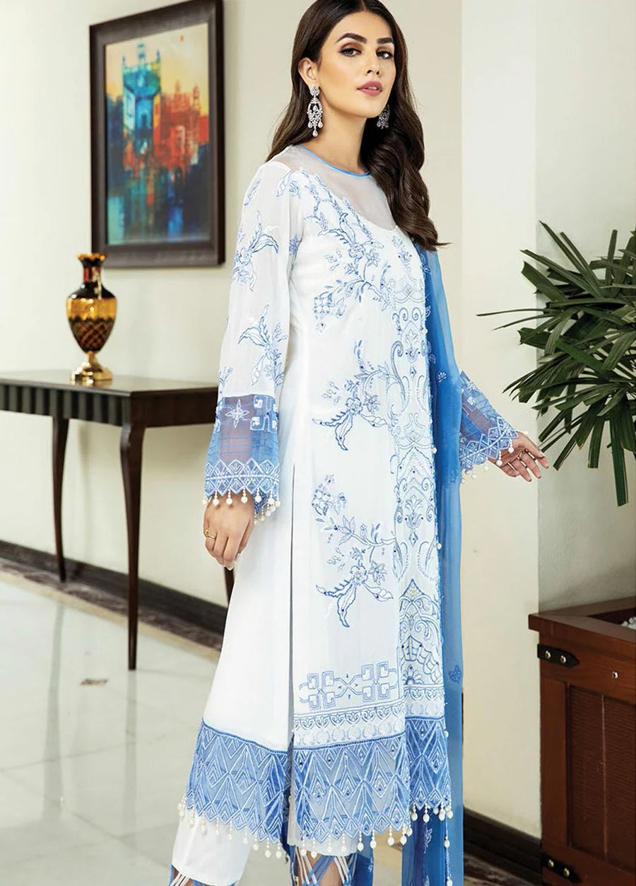 Nafasat by House of Nawab 3 pcs luxury lawn suit white light blue