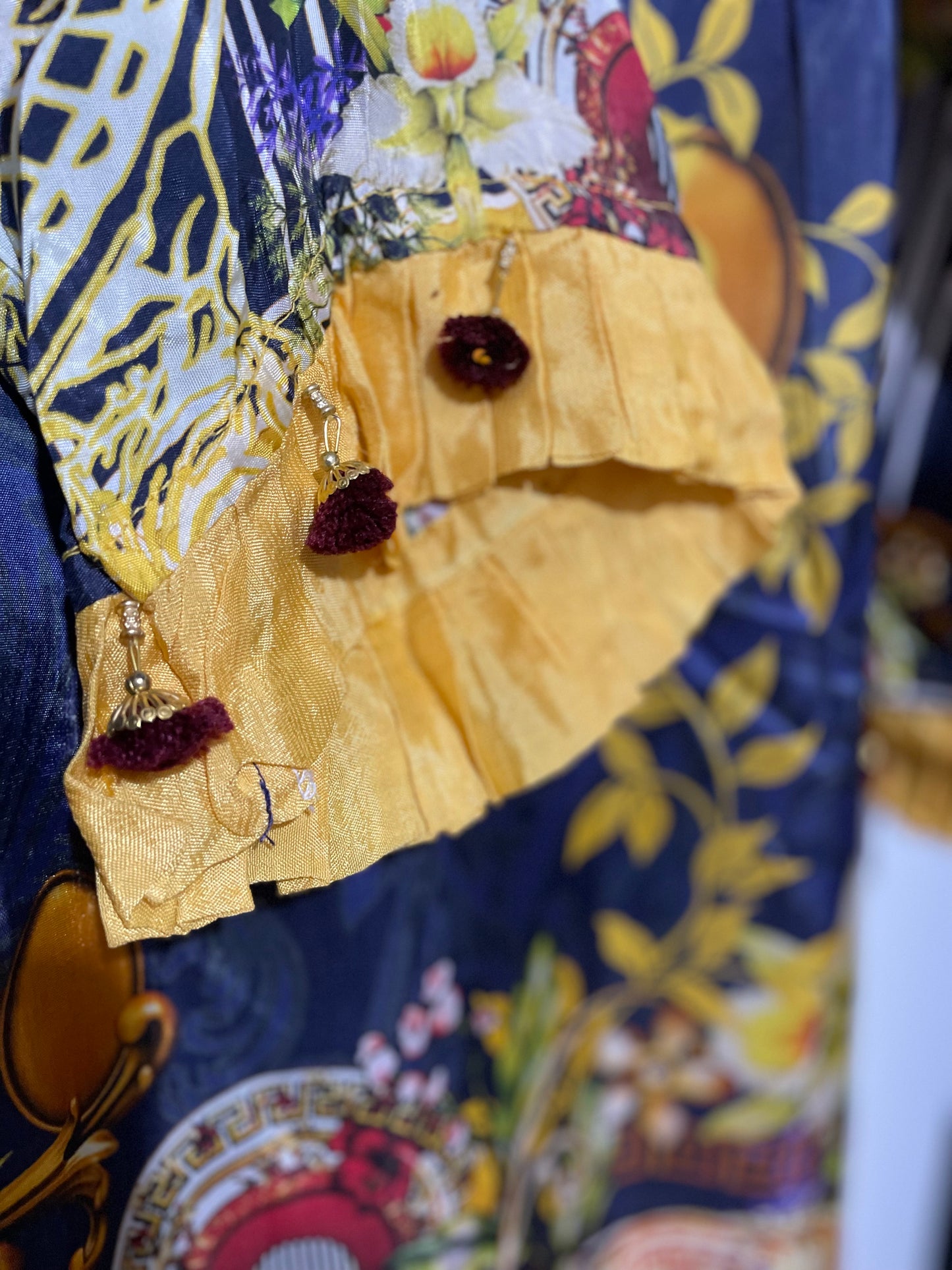 Satin silk navy blue yellow kurta with detailed embroidery