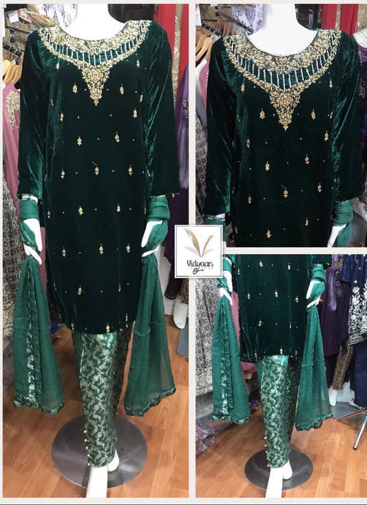 3 pcs long velvet suits with heavy stone embellishment