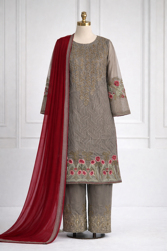 3 pcs chiffon suit with embrodiery net long sleeves