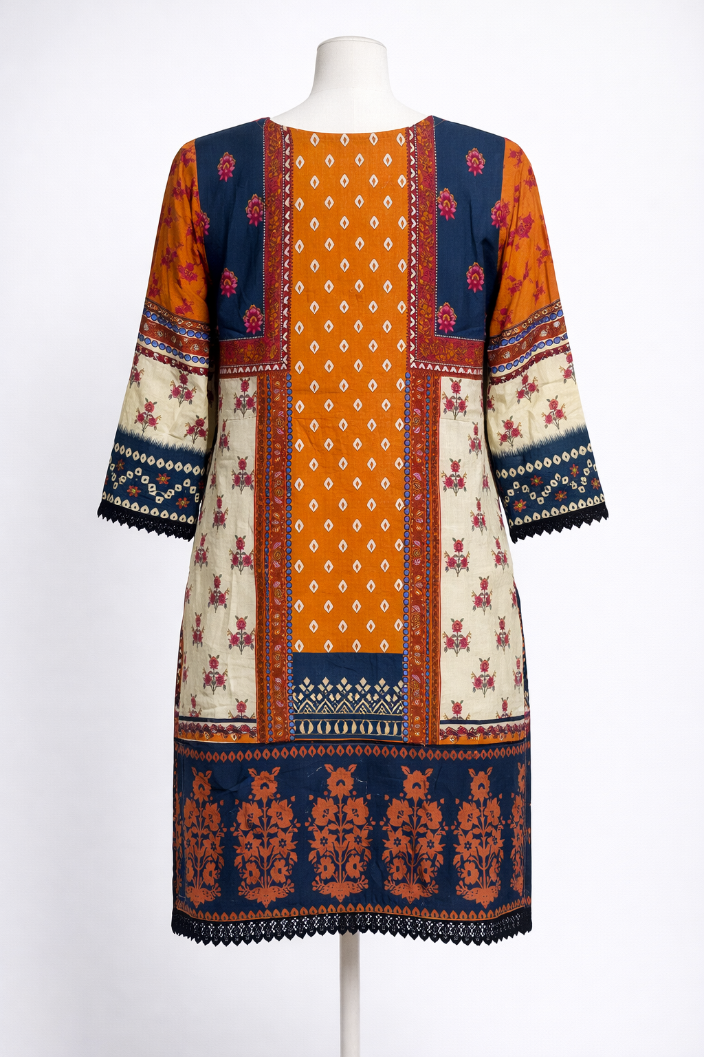 Cream orange khadar kurta black lace beaded emberishment neckline long sleeved