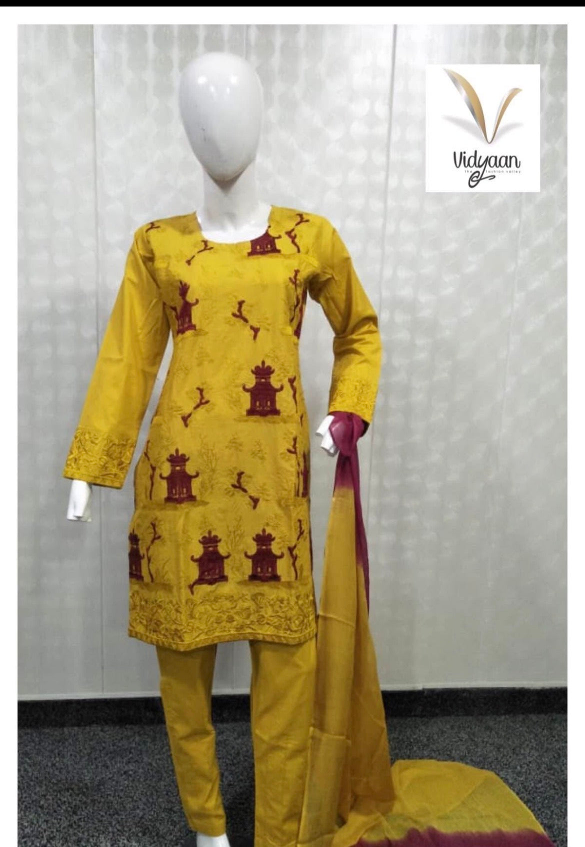 3 pcs cotton mustard yellow suit with detailed embroidery