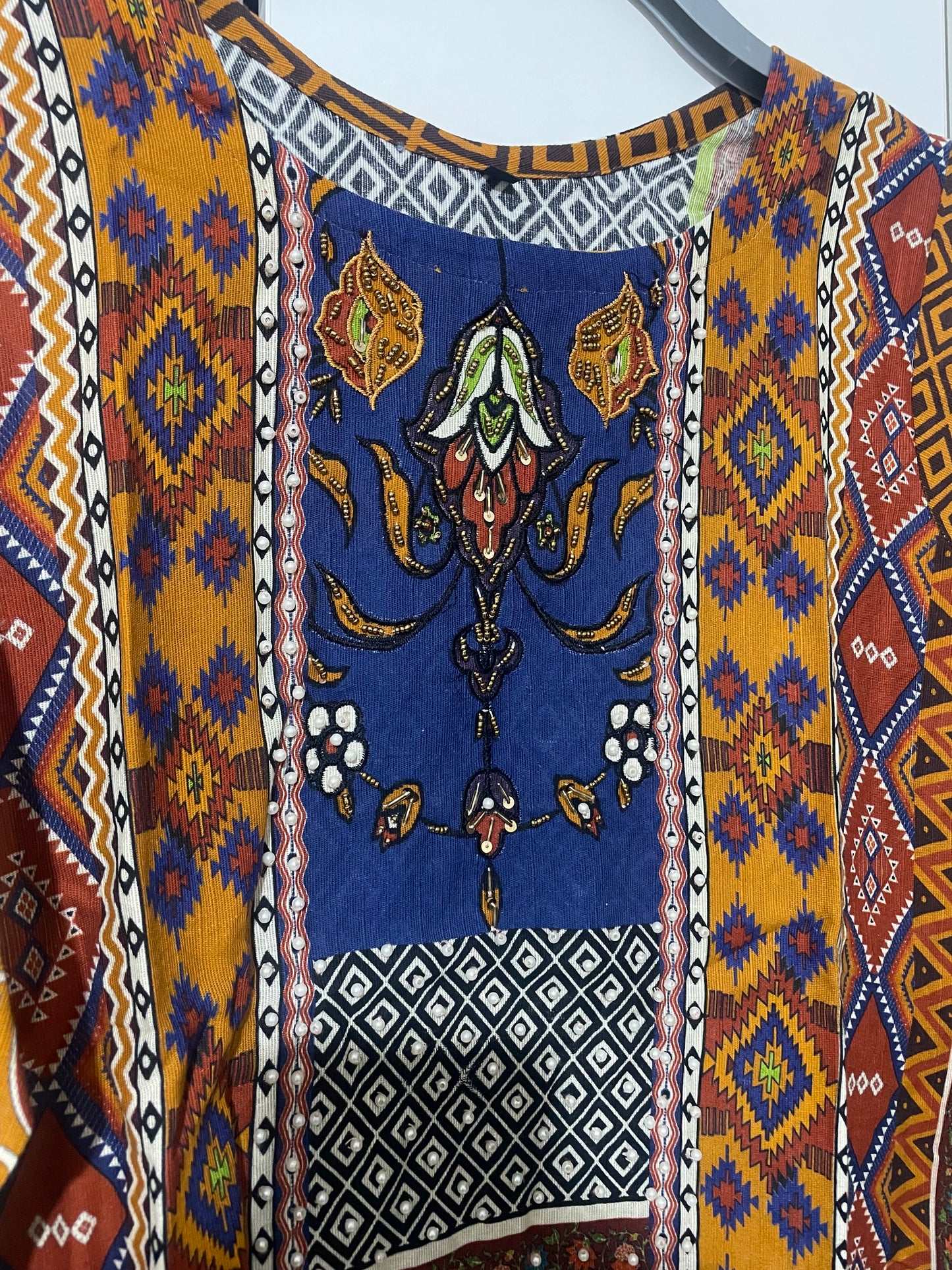 Orange black khadar kurta with black lace beaded sequence emberishment down neckline