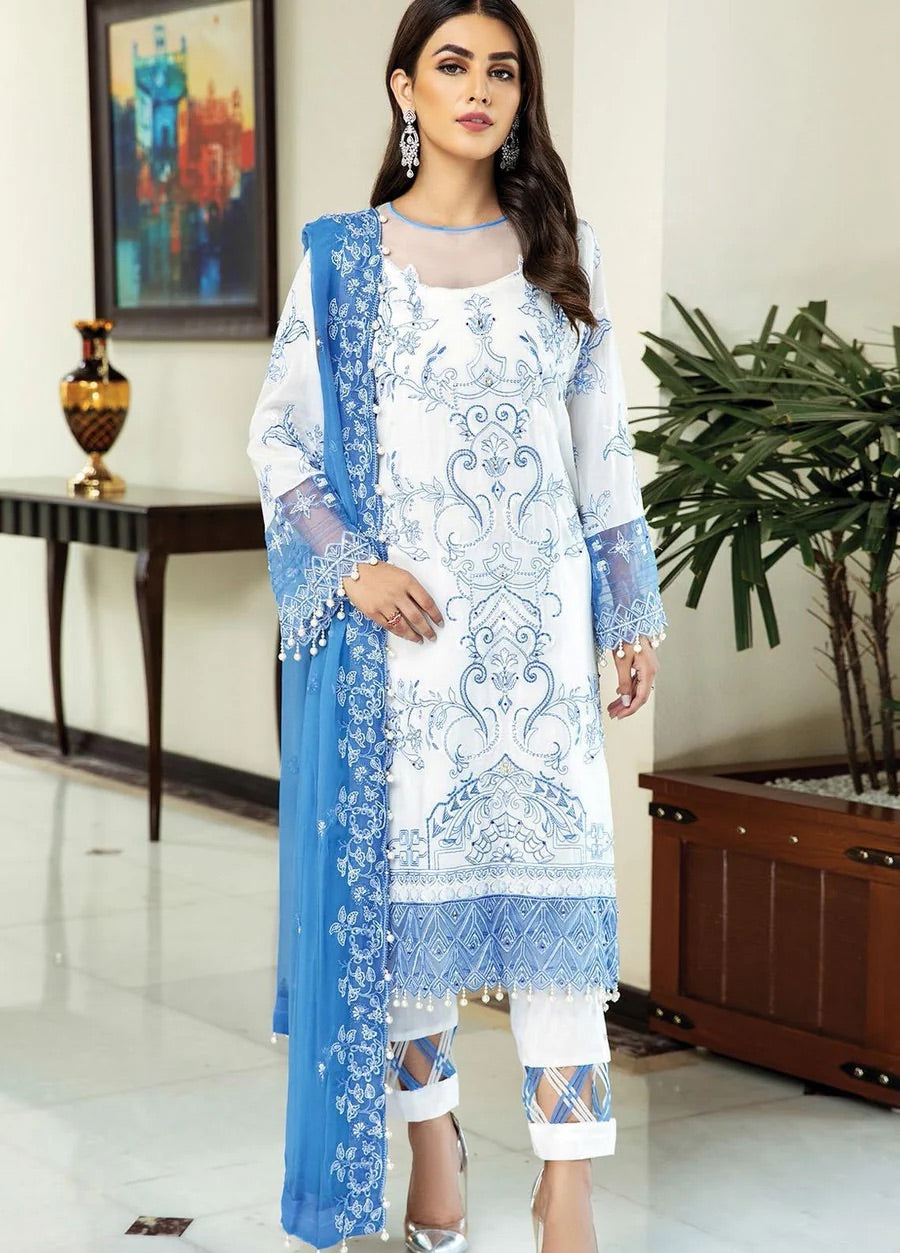 Nafasat by House of Nawab 3 pcs luxury lawn suit white light blue