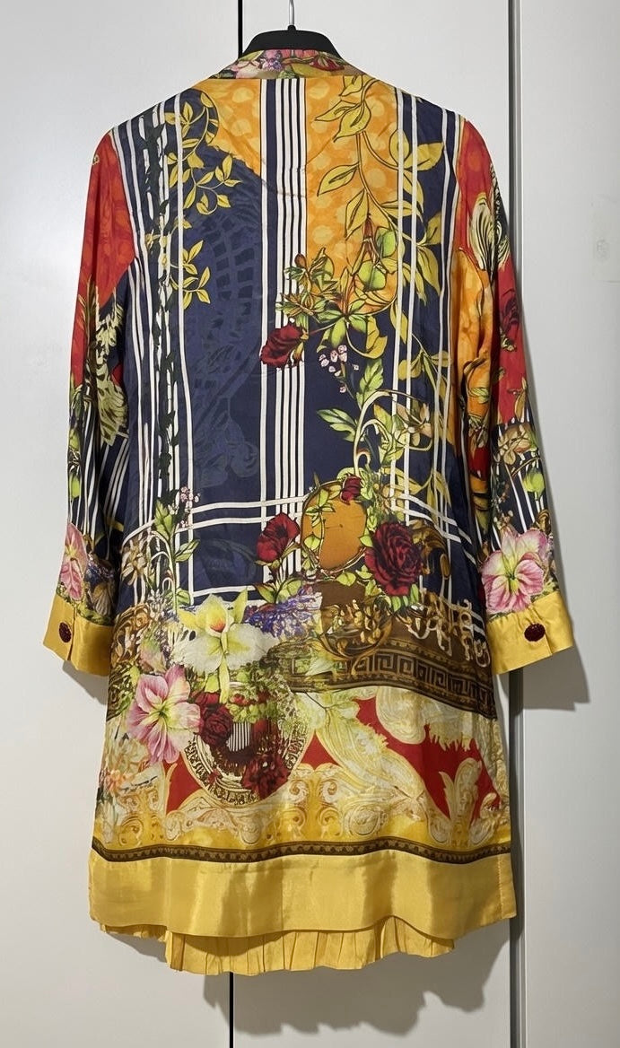 Satin silk navy blue yellow kurta with detailed embroidery