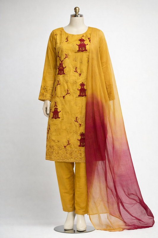3 pcs cotton mustard yellow suit with detailed embroidery