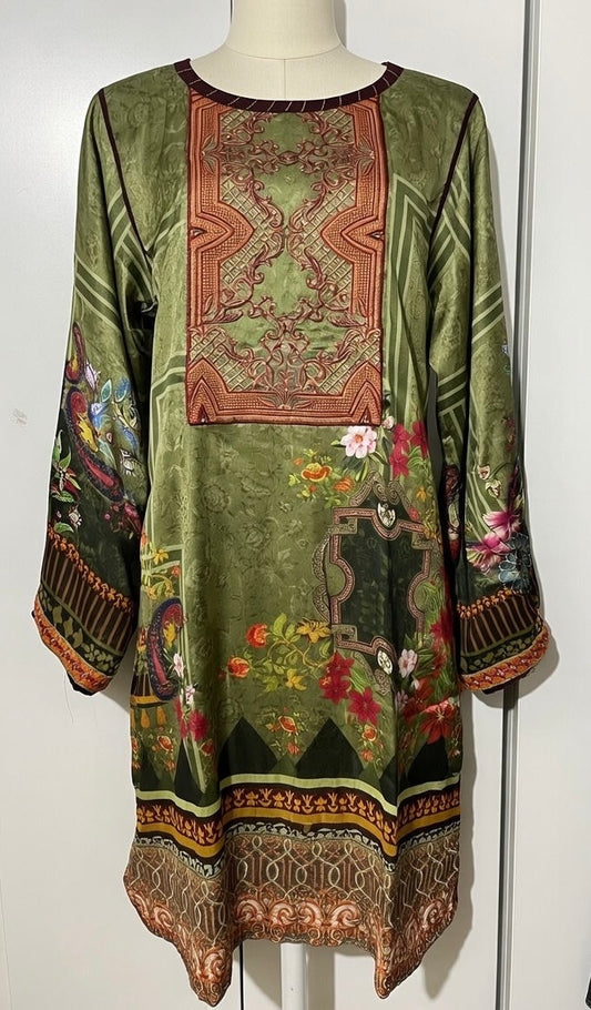 Nouroze Satin raw silk green embroidery kurta net lace border