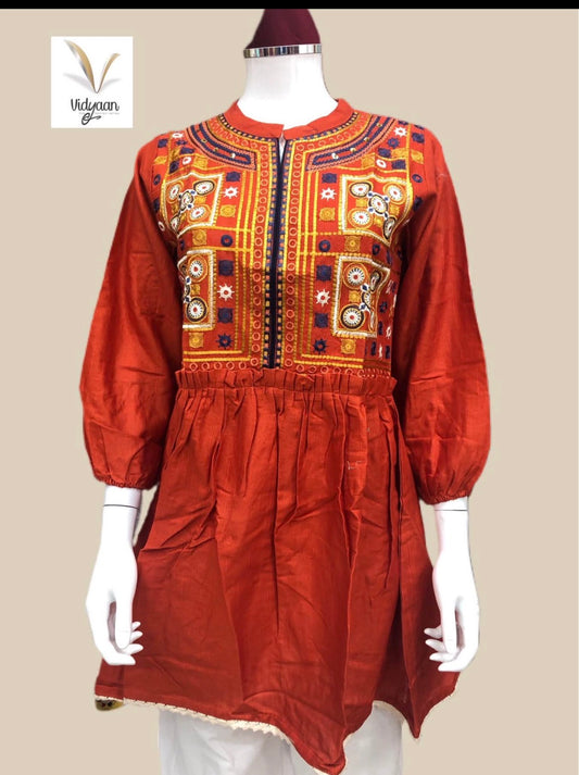 Orange embroidery flare frock style long cuff sleeved khadar kurta dress