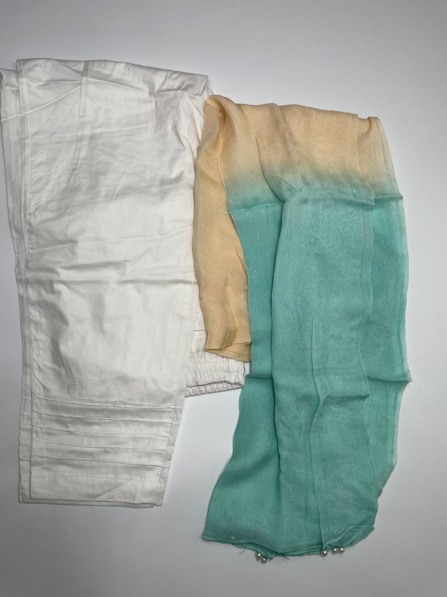 3 pcs cotton white and teal suit with embroidery