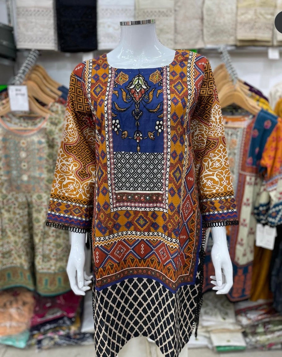 Orange black khadar kurta with black lace beaded sequence emberishment down neckline