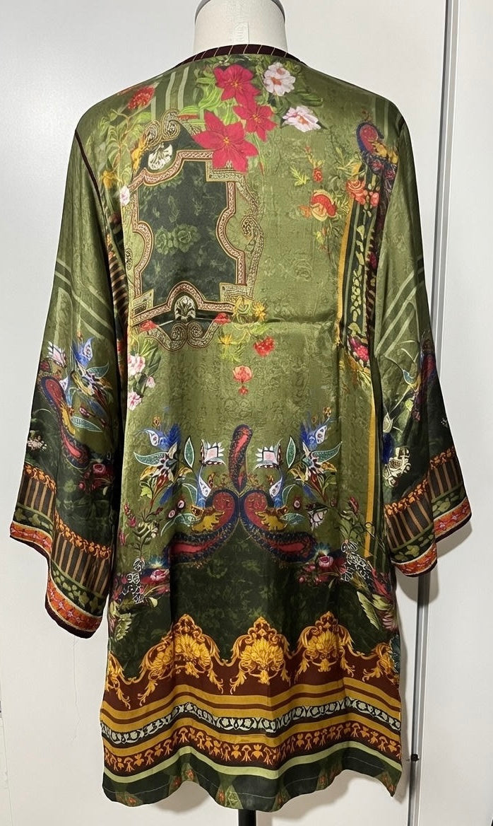 Nouroze Satin raw silk green embroidery kurta net lace border