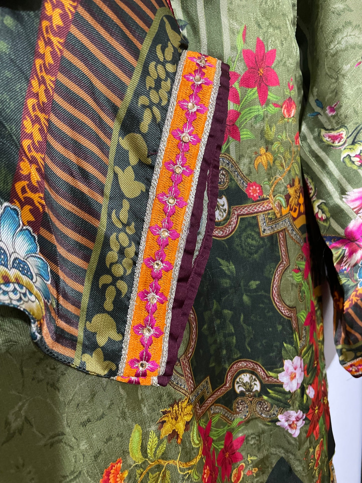 Nouroze Satin raw silk green embroidery kurta net lace border