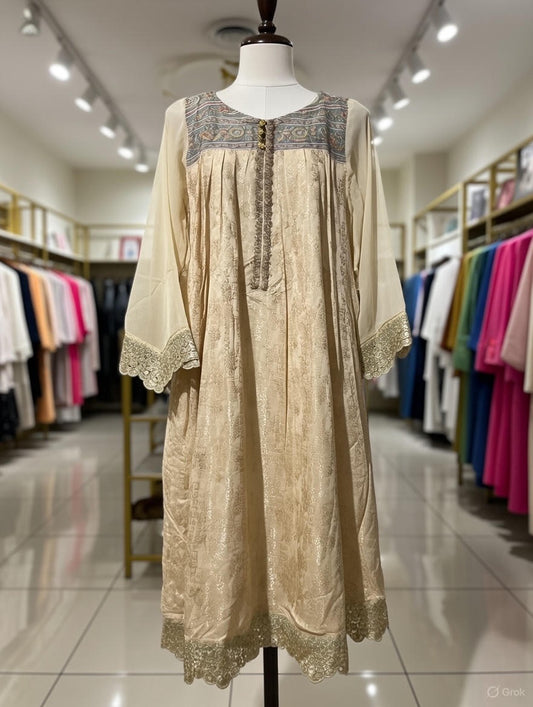 Ally’s long viscose lawn maxi dress beige net lace border