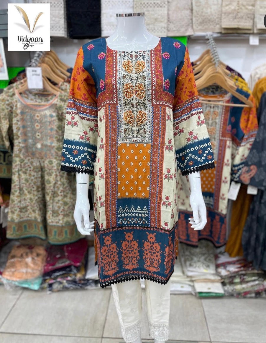 Cream orange khadar kurta black lace beaded emberishment neckline long sleeved