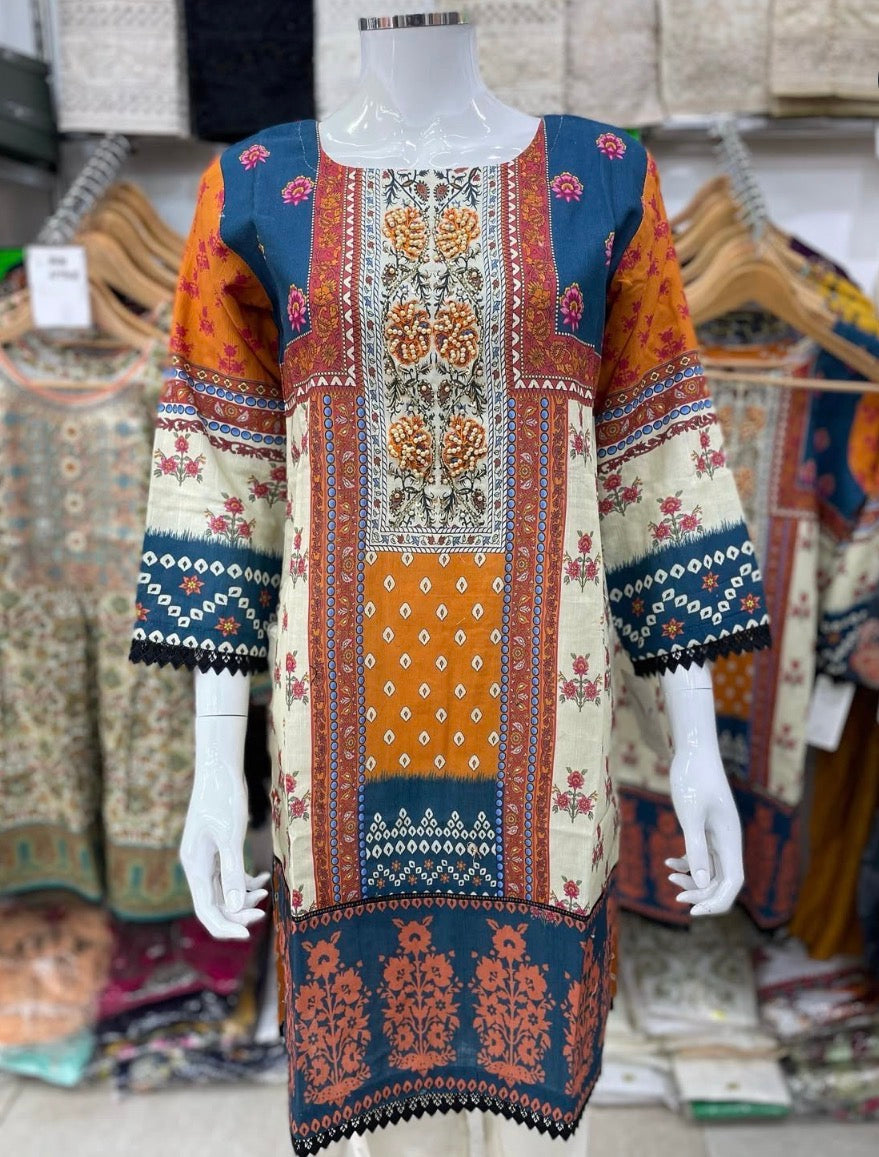 Cream orange khadar kurta black lace beaded emberishment neckline long sleeved