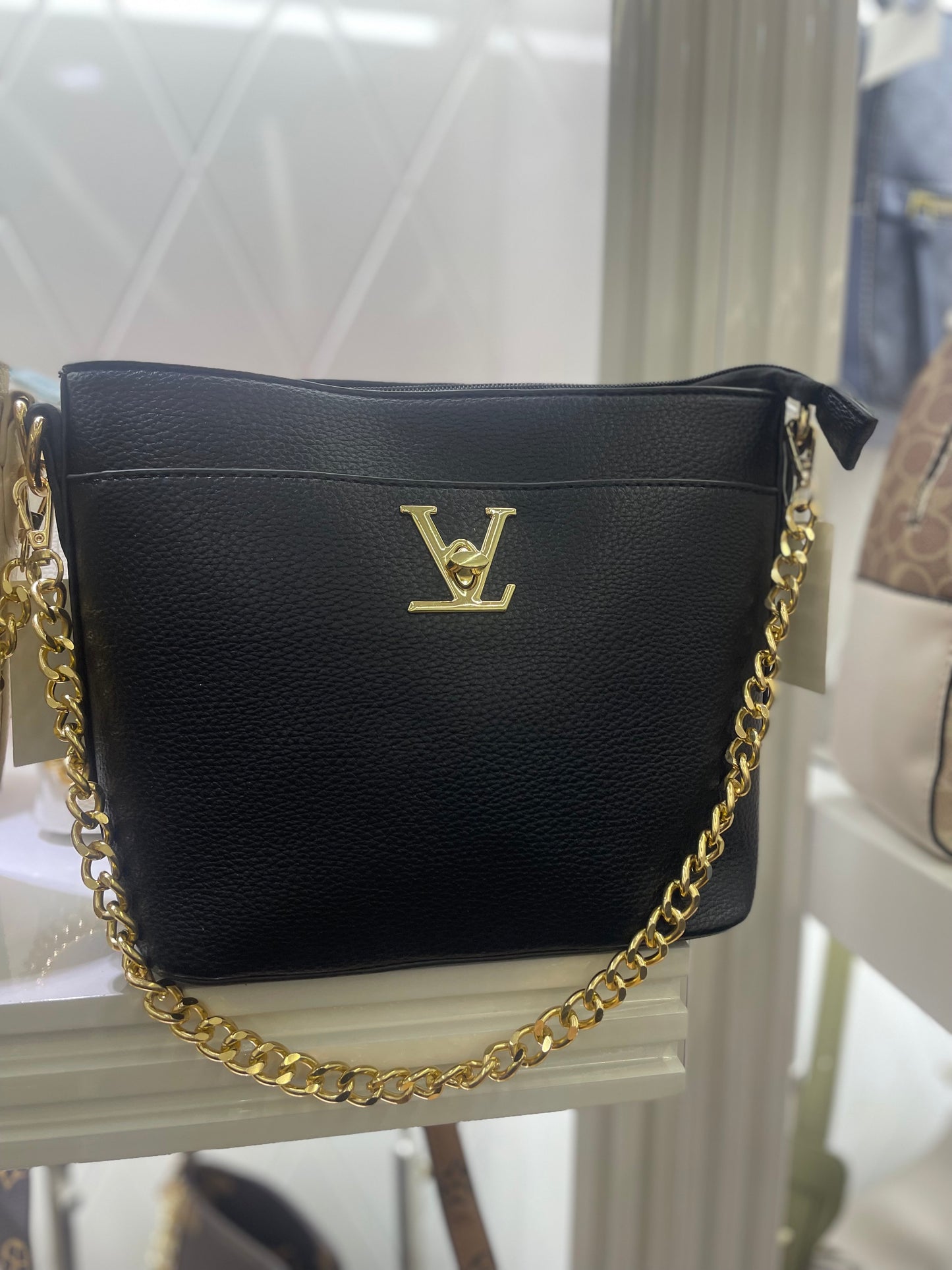 Louis Vuitton shoulder tote bag bucket style black and cream