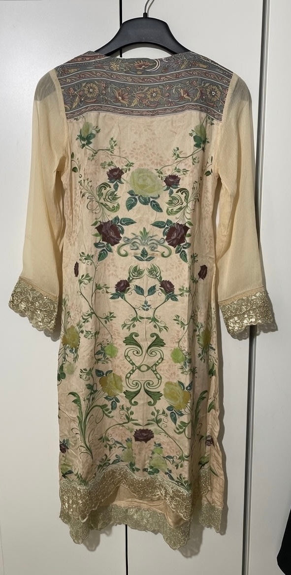 Ally’s long viscose lawn maxi dress beige net lace border