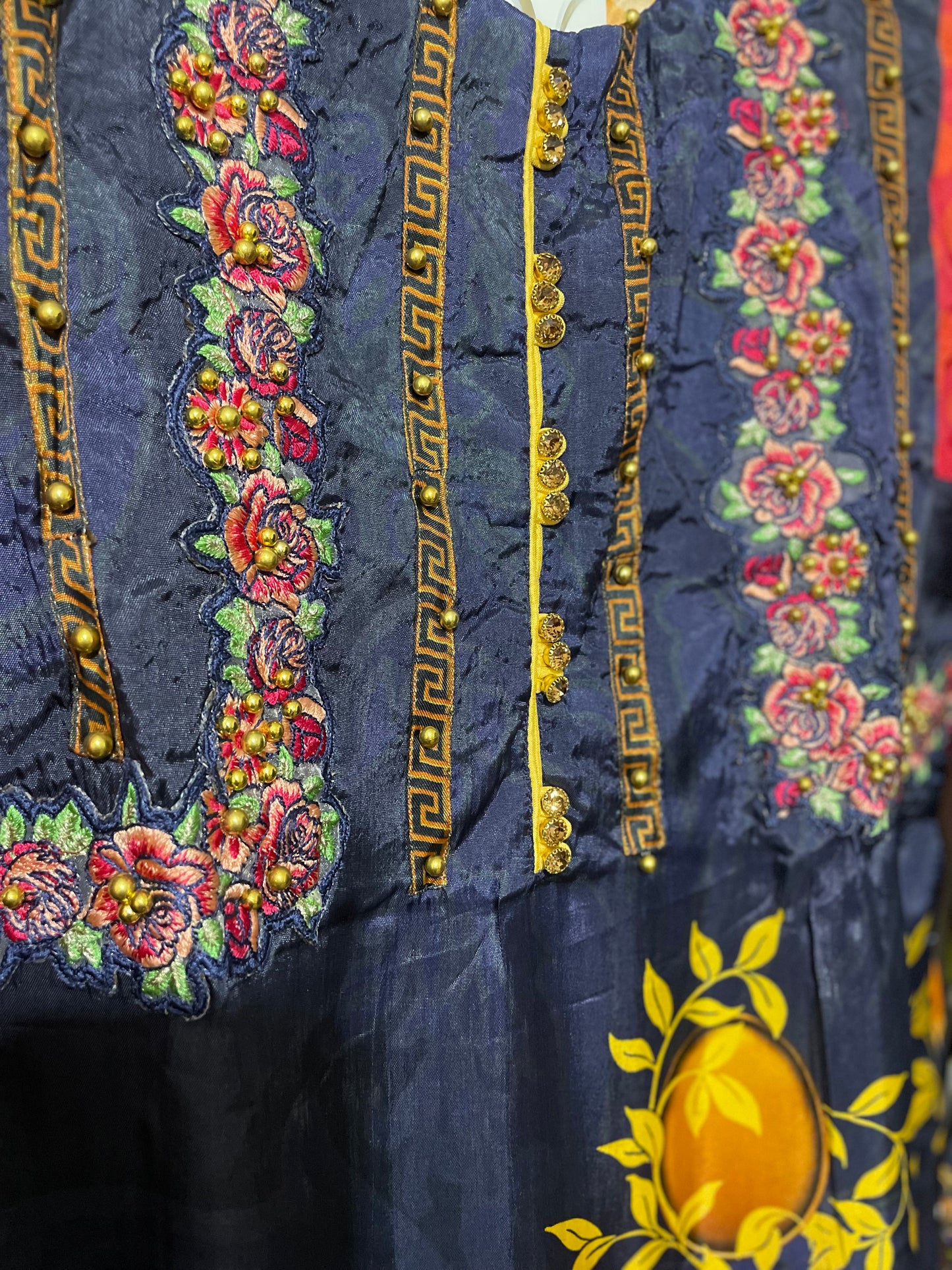 Satin silk navy blue yellow kurta with detailed embroidery