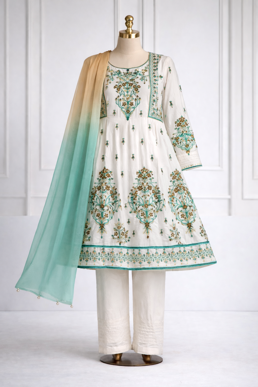 3 pcs cotton white and teal suit with embroidery