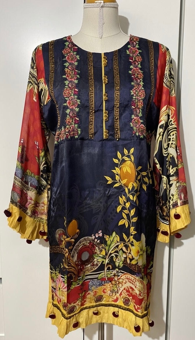 Satin silk navy blue yellow kurta with detailed embroidery