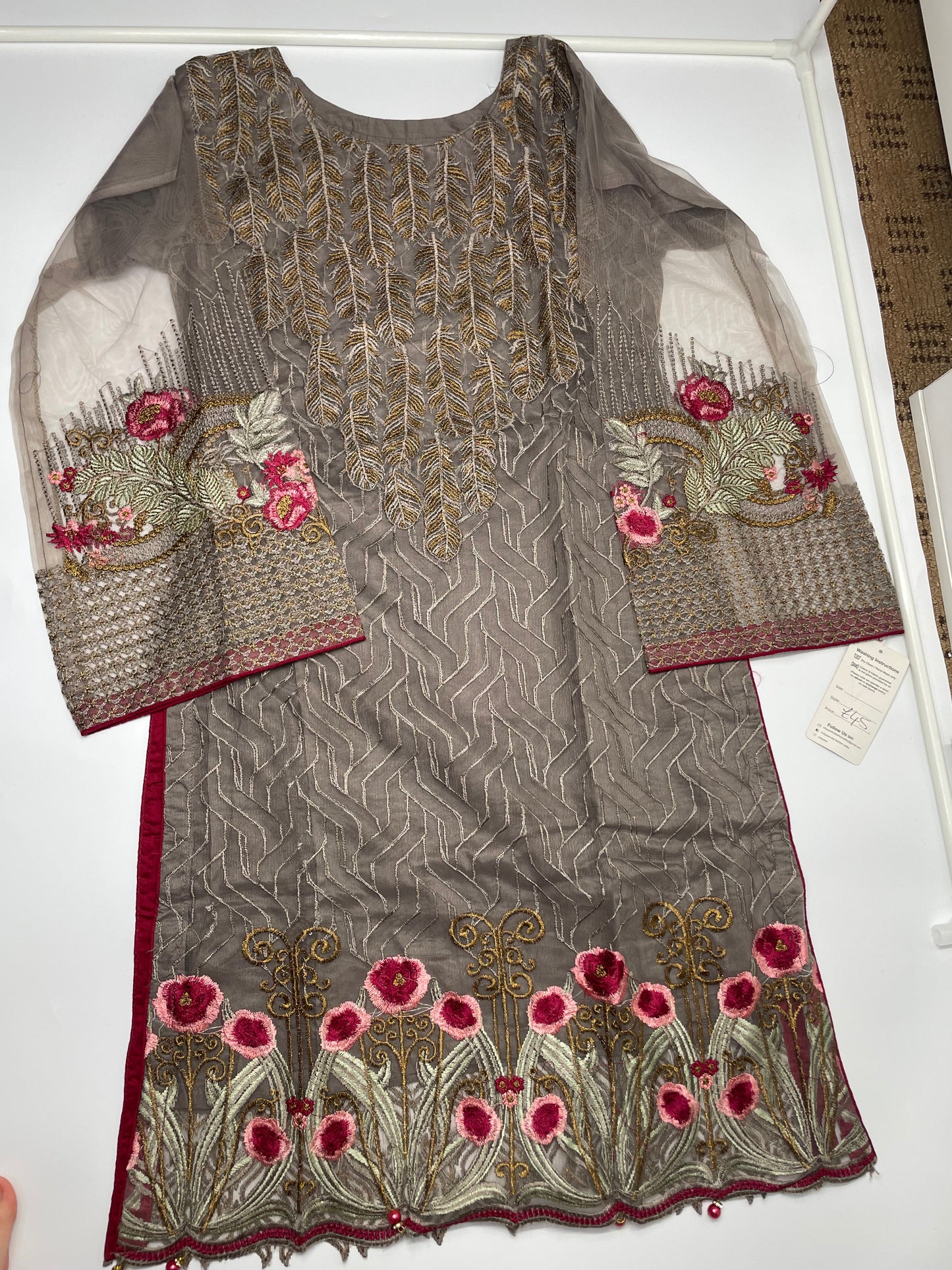 3 pcs chiffon suit with embrodiery net long sleeves