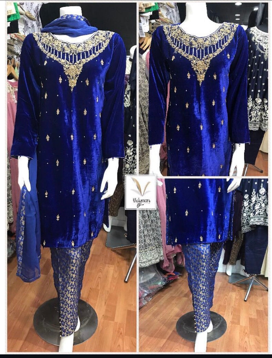 3 pcs long velvet suits with heavy stone embellishment