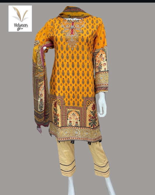 Womens 3 pcs orange cotton suit Eid collection Size large