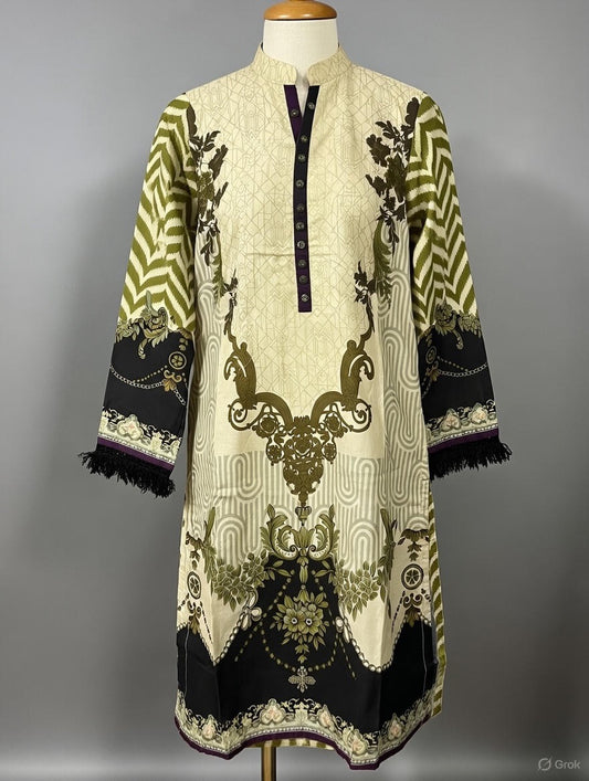 Gul Ahmed lawn cotton casual beige cambric Digital printed shirt kurta with flared long sleeves