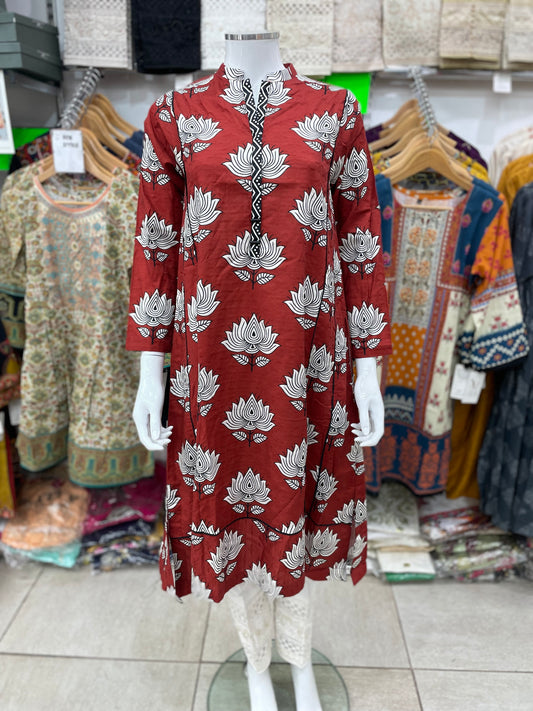 Sapphire long sleeved red khadar kurta collar neckline 2 side pockets