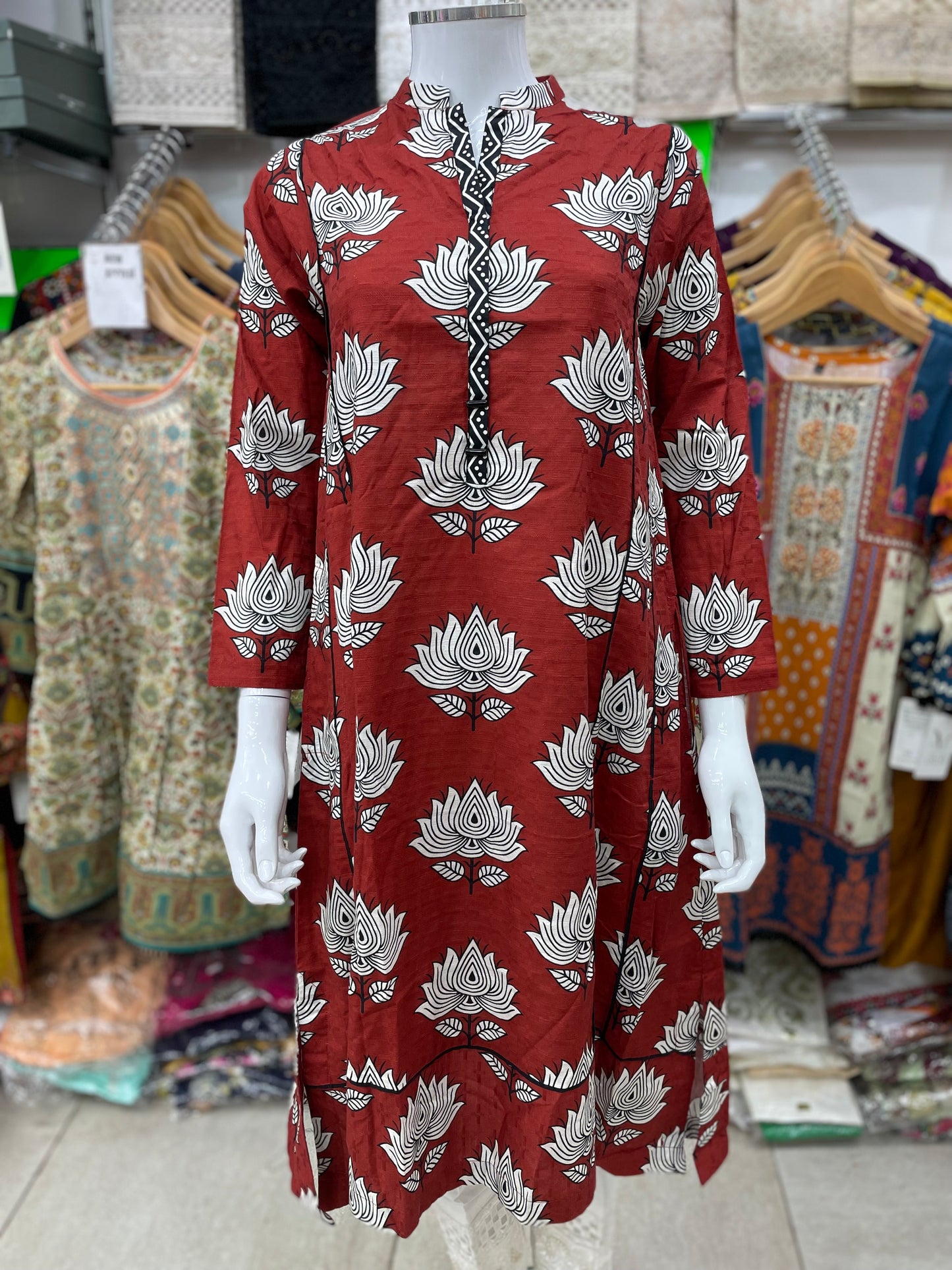 Sapphire long sleeved red khadar kurta collar neckline 2 side pockets