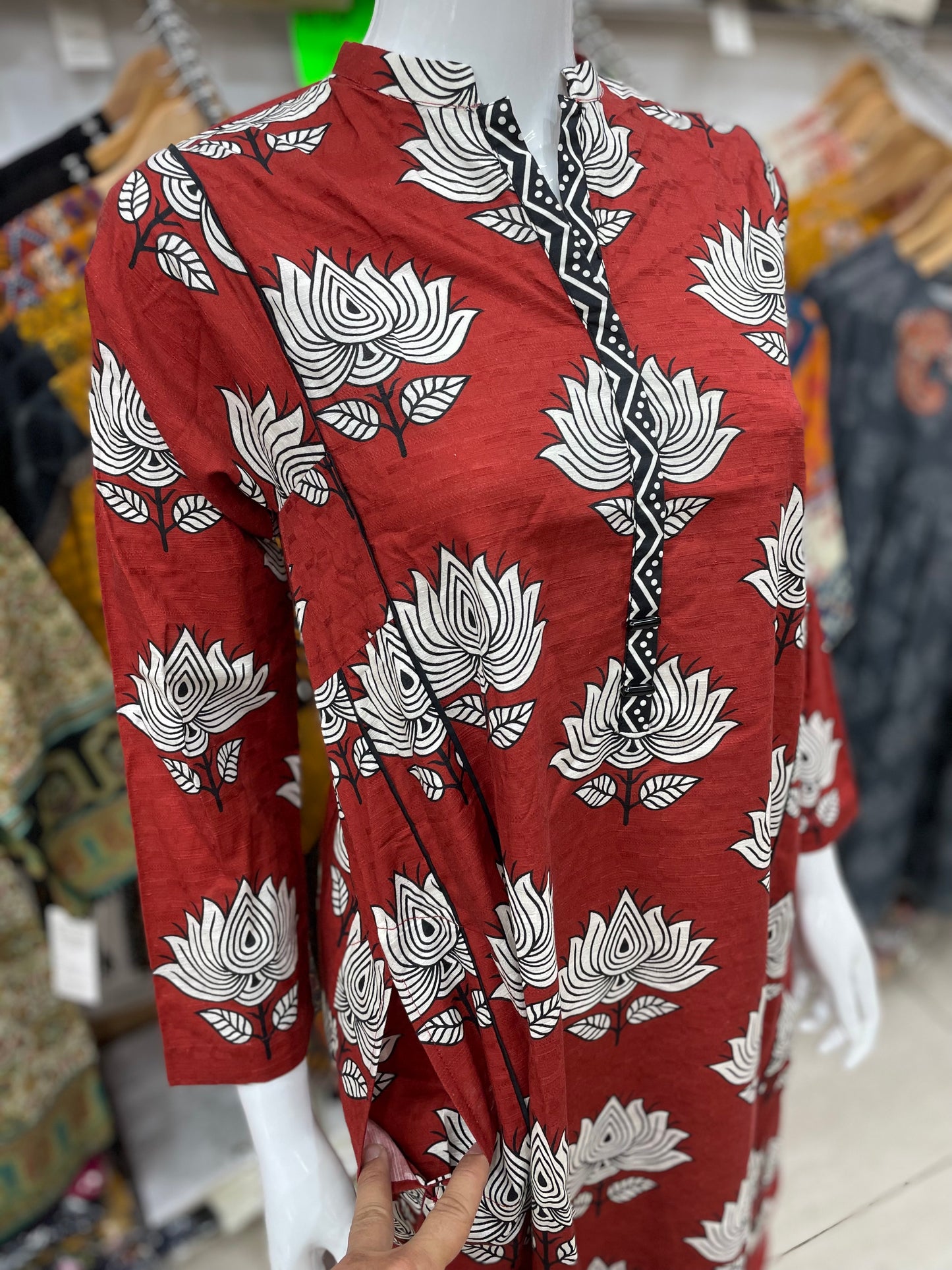 Sapphire long sleeved red khadar kurta collar neckline 2 side pockets