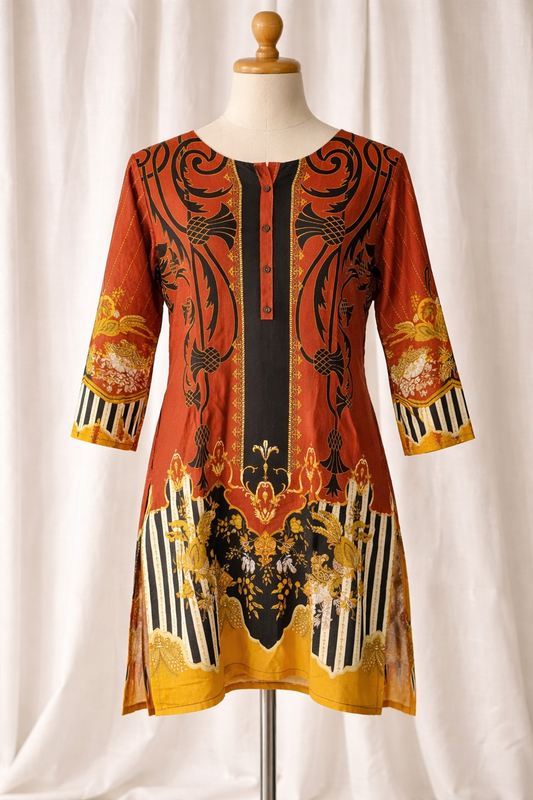 Printed khadar rich burnt orange kurta long sleeved