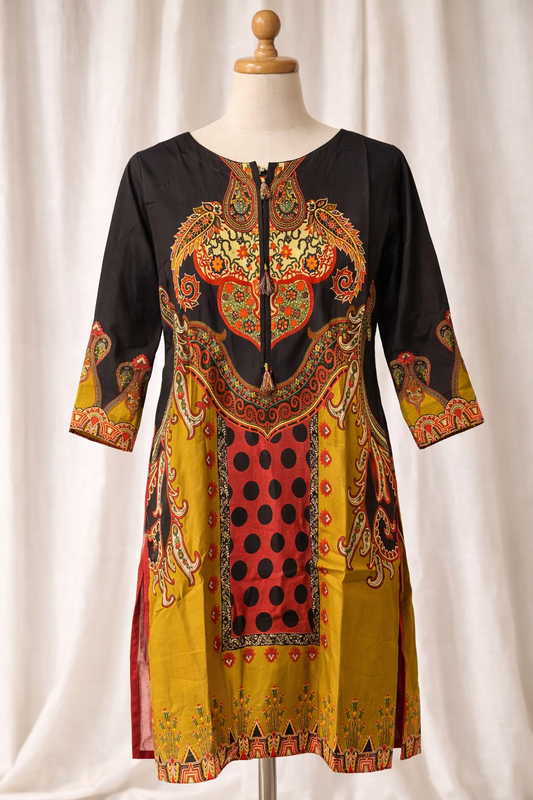 Printed khadar mustard yellow and black kurta long sleeved